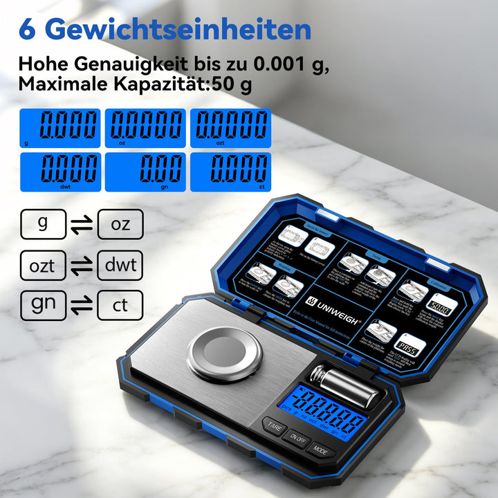 UNIWEIGH Milligramm-Präzisionswaage 0,001 g / 50 g, digitale Schmuckwaage für Pulver, Gold, Edelstei