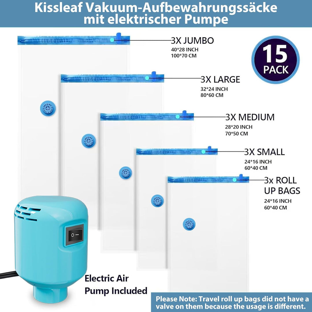 Vakuumbeutel für Kleidung Bettdecken mit Elektrische Pumpe 15 Stück Reise Schnelles Ablassen der Luf