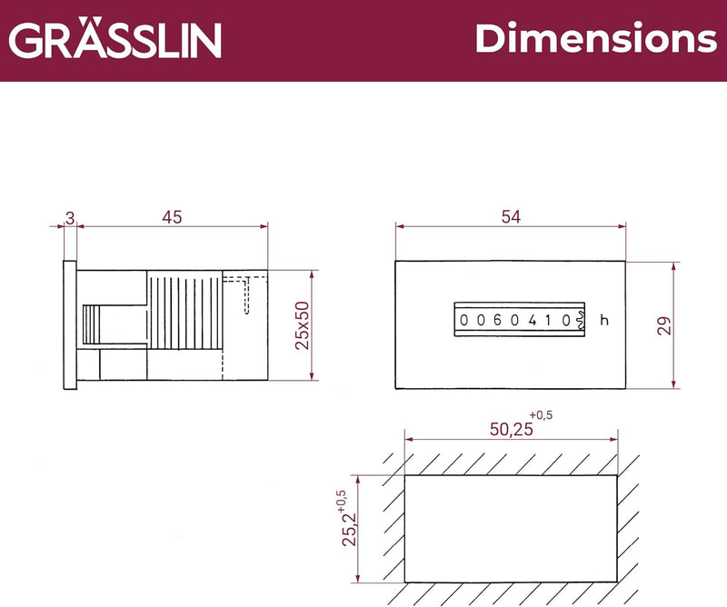 GRÄSSLIN 05.20.0004.1 taxxo 712 SA - analoger Betriebsstundenzähler I 50,2 x 25,2 mm I Stundenzähler