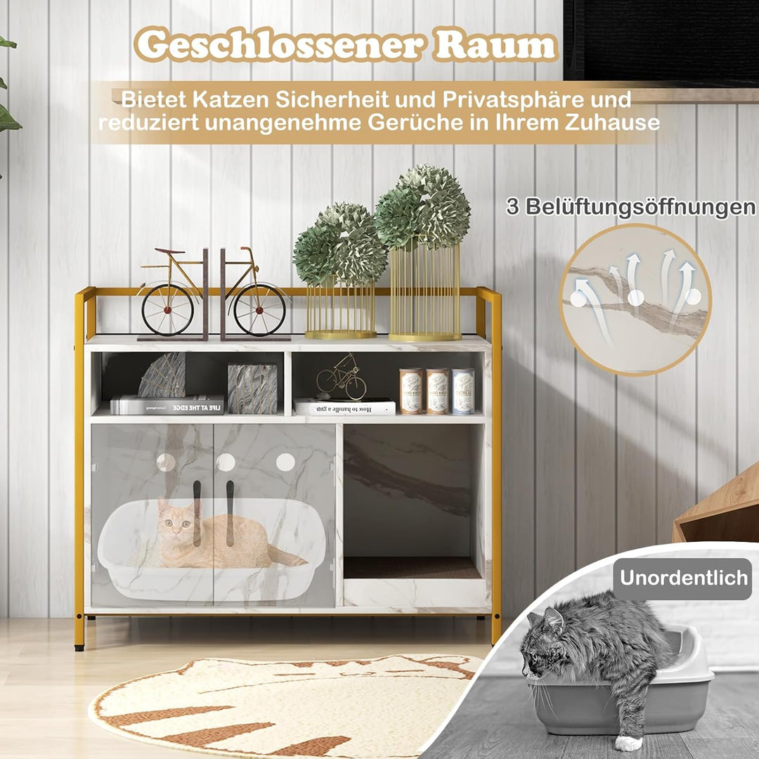 GOPLUS Katzenschrank, Katzentoilette mit Doppeltüren & stabilem Metallrahmen & Kratzbrett & 2 Fächer