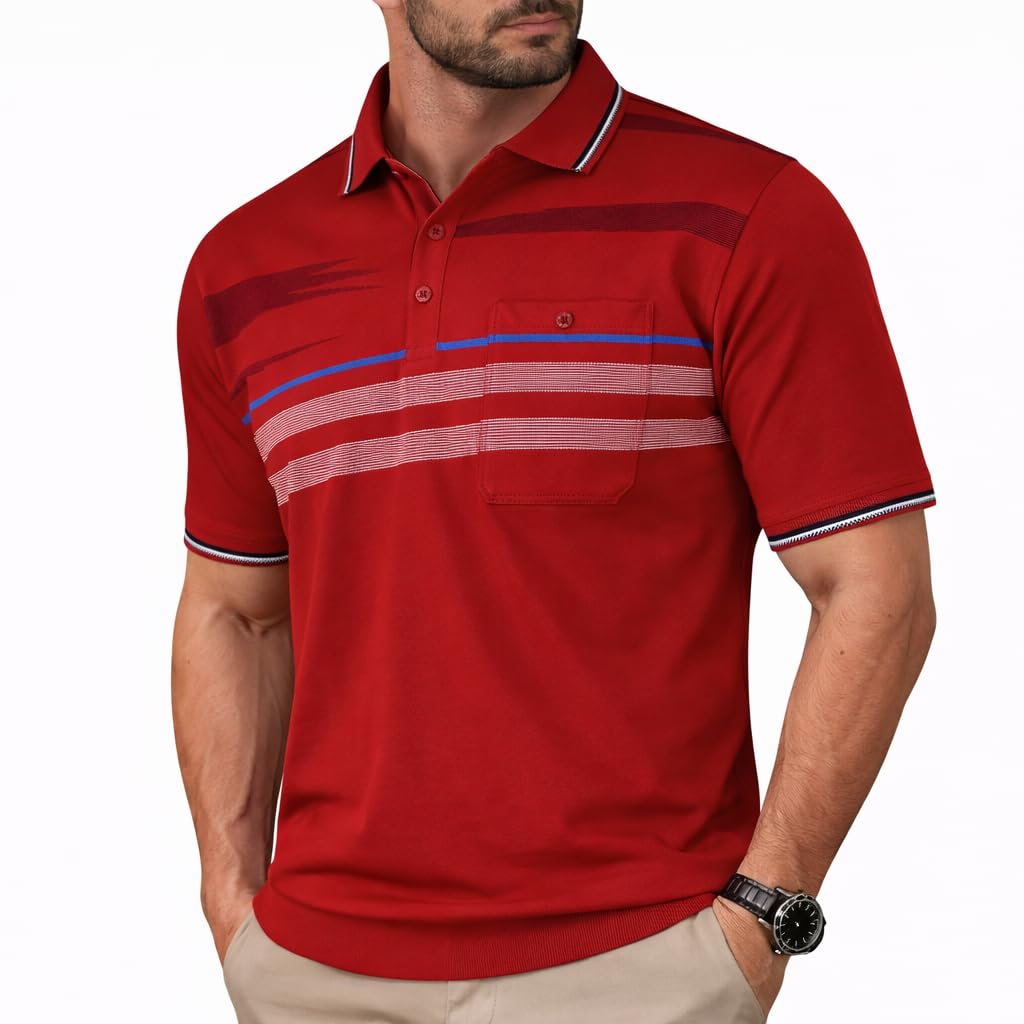 Soltice Herren Kurzarm Poloshirts Gestreifte Blousonshirts mit Brusttasche Baumwoll-Mix, Grösse M bi