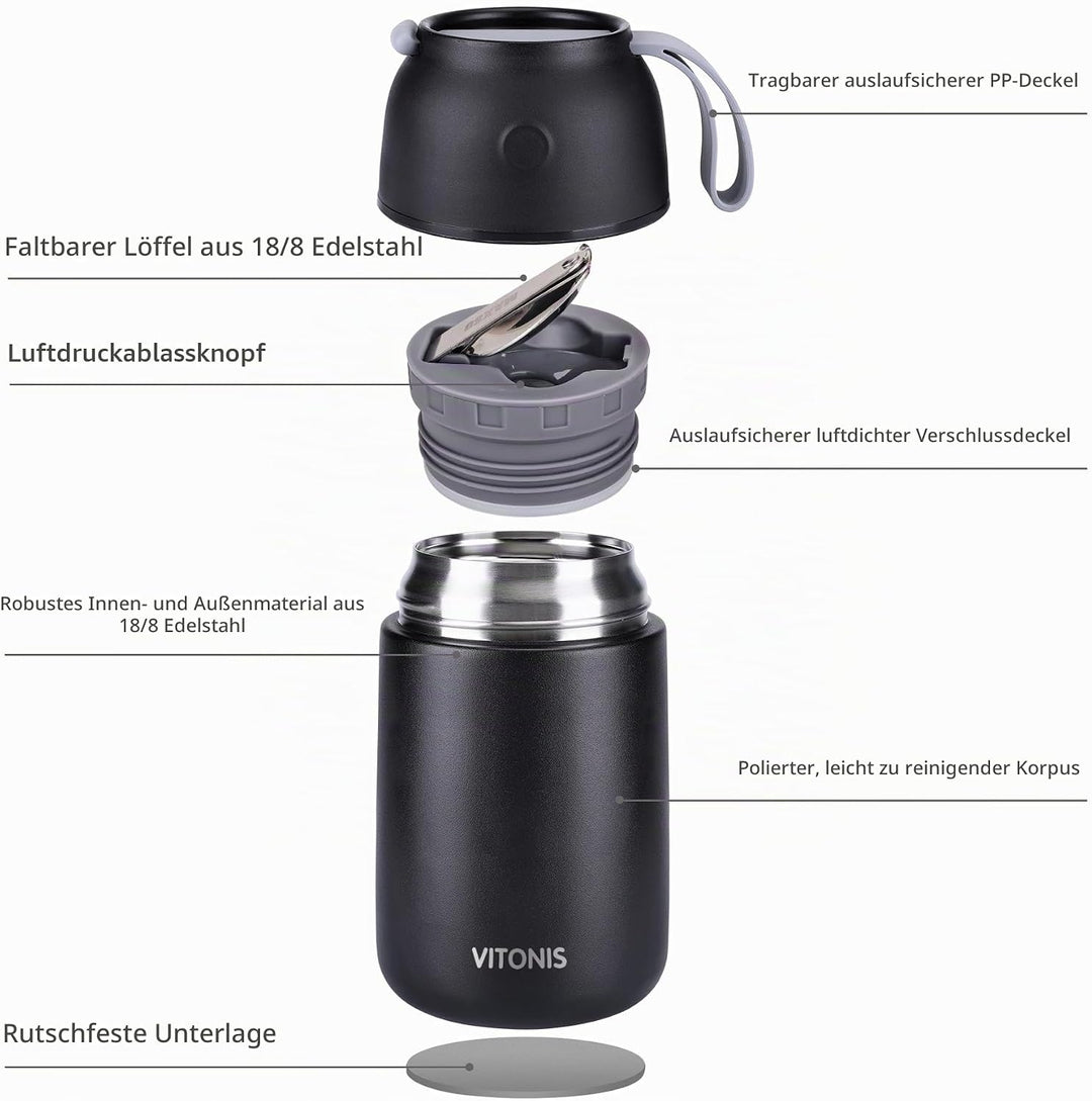 Thermobehälter für Essen 500ml &amp; 700ml Edelstahl Warmhaltebebehälter mit faltbaren Löffel, Speissen,