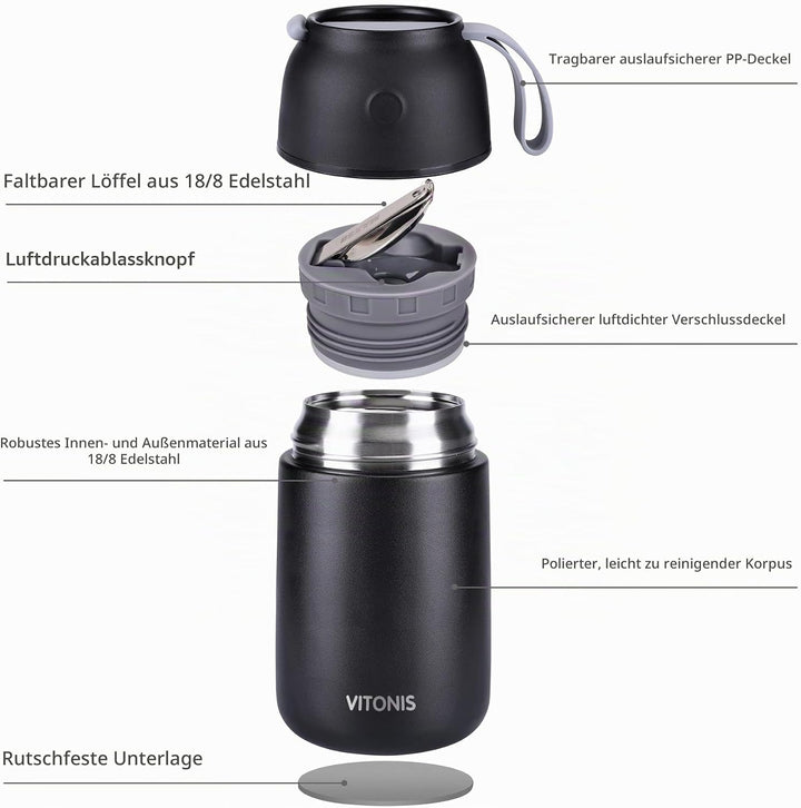 Thermobehälter für Essen 500ml &amp; 700ml Edelstahl Warmhaltebebehälter mit faltbaren Löffel, Speissen,
