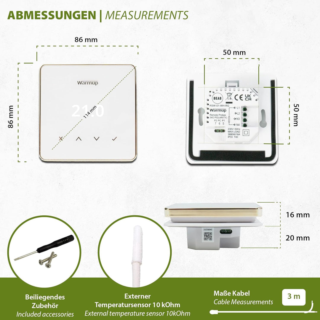 Warmup Element Smart WiFi Thermostat Raumregler für Fussbodenheizung, Elektro Heizung, Farbe: Weiss,