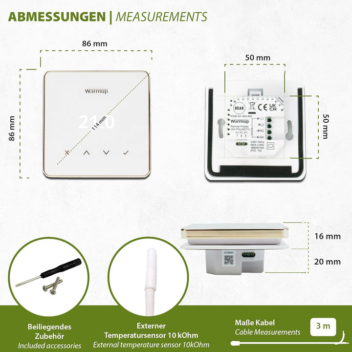 Warmup Element Smart WiFi Thermostat Raumregler für Fussbodenheizung, Elektro Heizung, Farbe: Weiss,