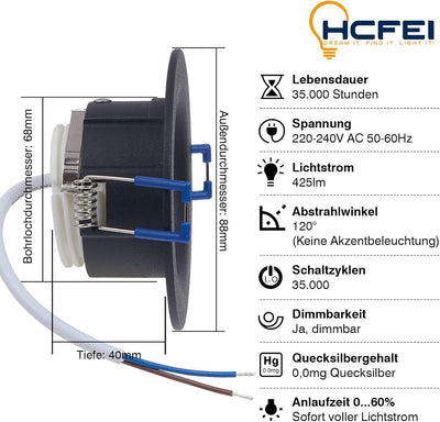 HCFEI 10x LED Einbaustrahler Set rund - schwarz 5 Watt warmweiss dimmbar 230V flach – Einbauleuchte