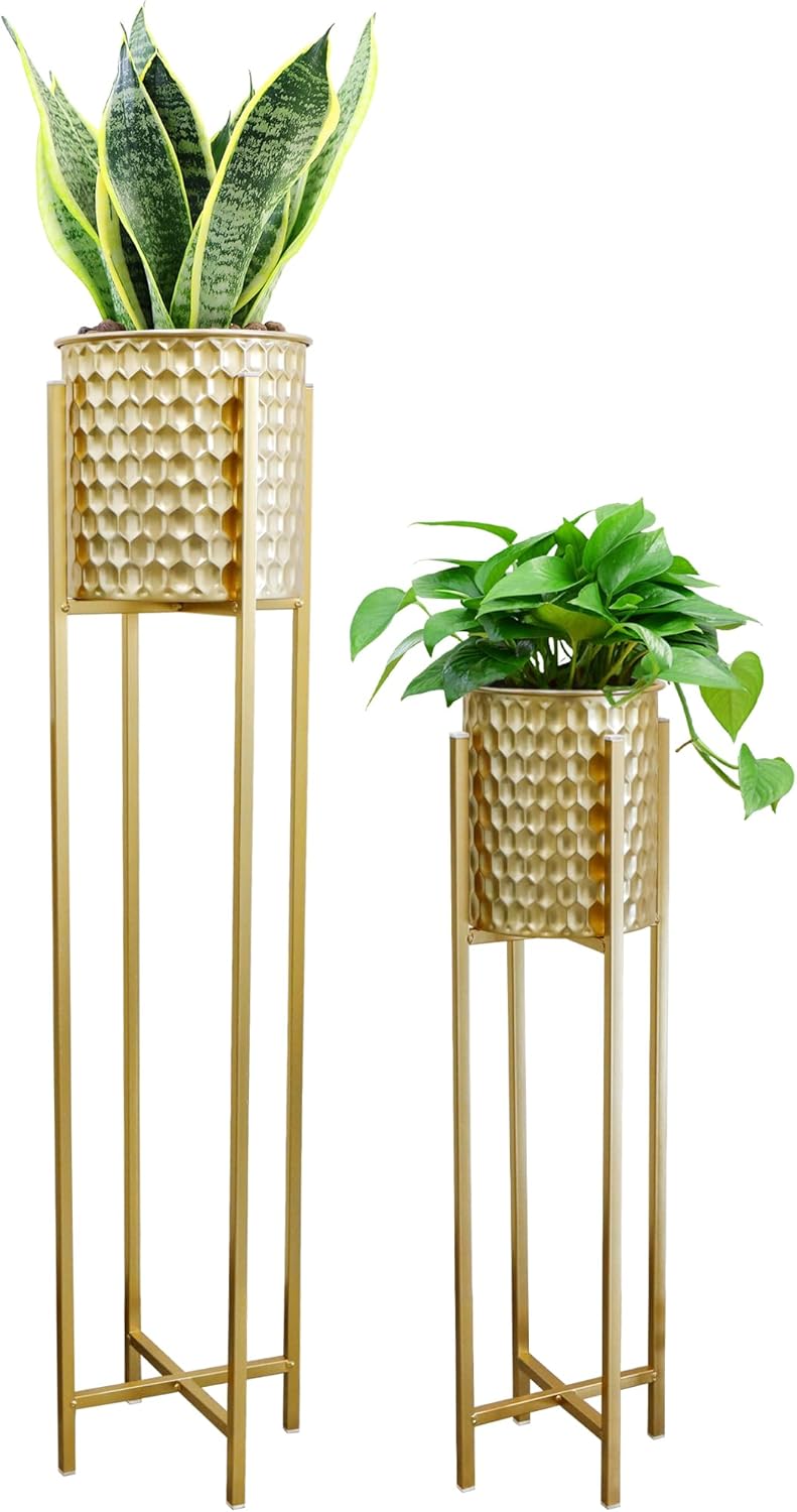 TRIROCKS Set von 2 hohen Pflanzgefässen mit Ständer Innen Aussen Metall Gold Pflanzgefässe für Pflan