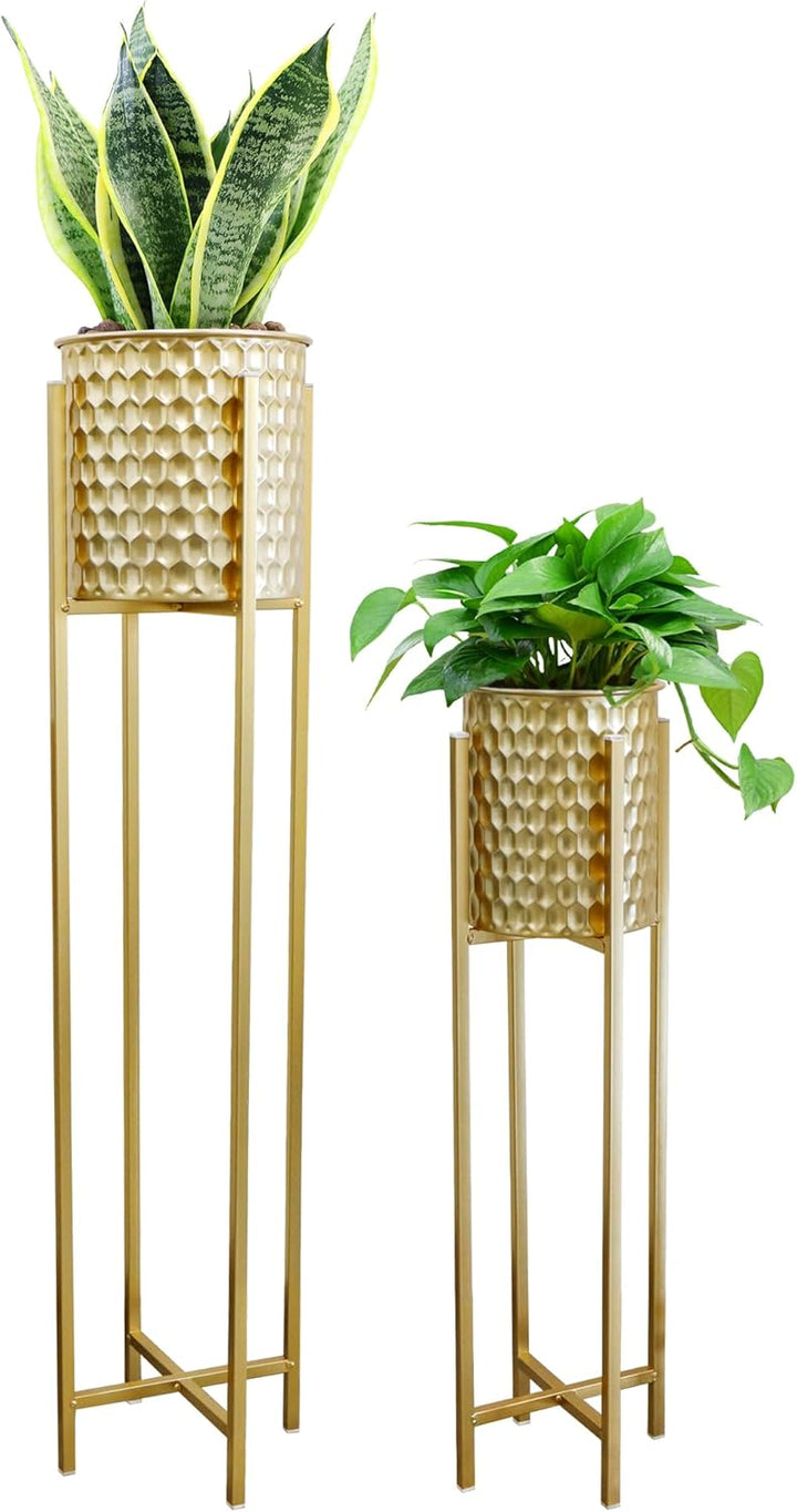TRIROCKS Set von 2 hohen Pflanzgefässen mit Ständer Innen Aussen Metall Gold Pflanzgefässe für Pflan
