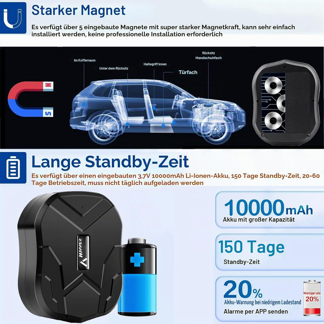 GPS Tracker Auto ohne ABO, 10000mAh GPS Tracker mit Starker Magnet, Langer Standby Echtzeit Position