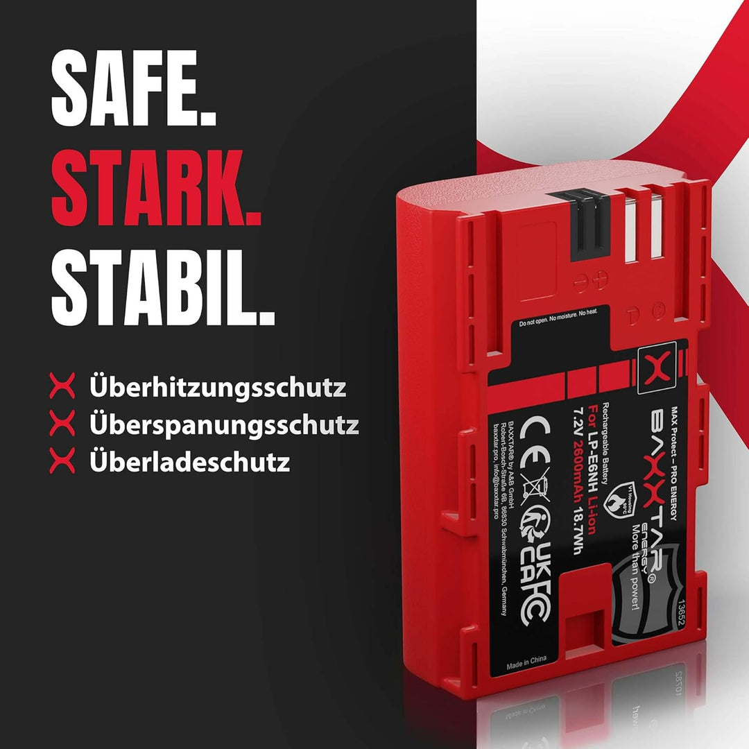 Baxxtar MaxProtect LP-E6NH Kamera-Akku (2400mAh) mit aktivem NTC-Sensor und V1 Schutzgehäuse - kompa
