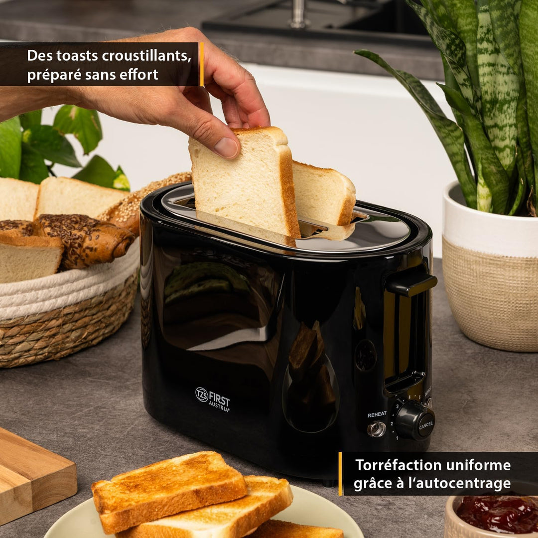 TZS First Austria Doppel Kurzschlitz Toaster, 2 Scheiben, schwarz, 750W, 7 Stufen, Warmhalte- und Au