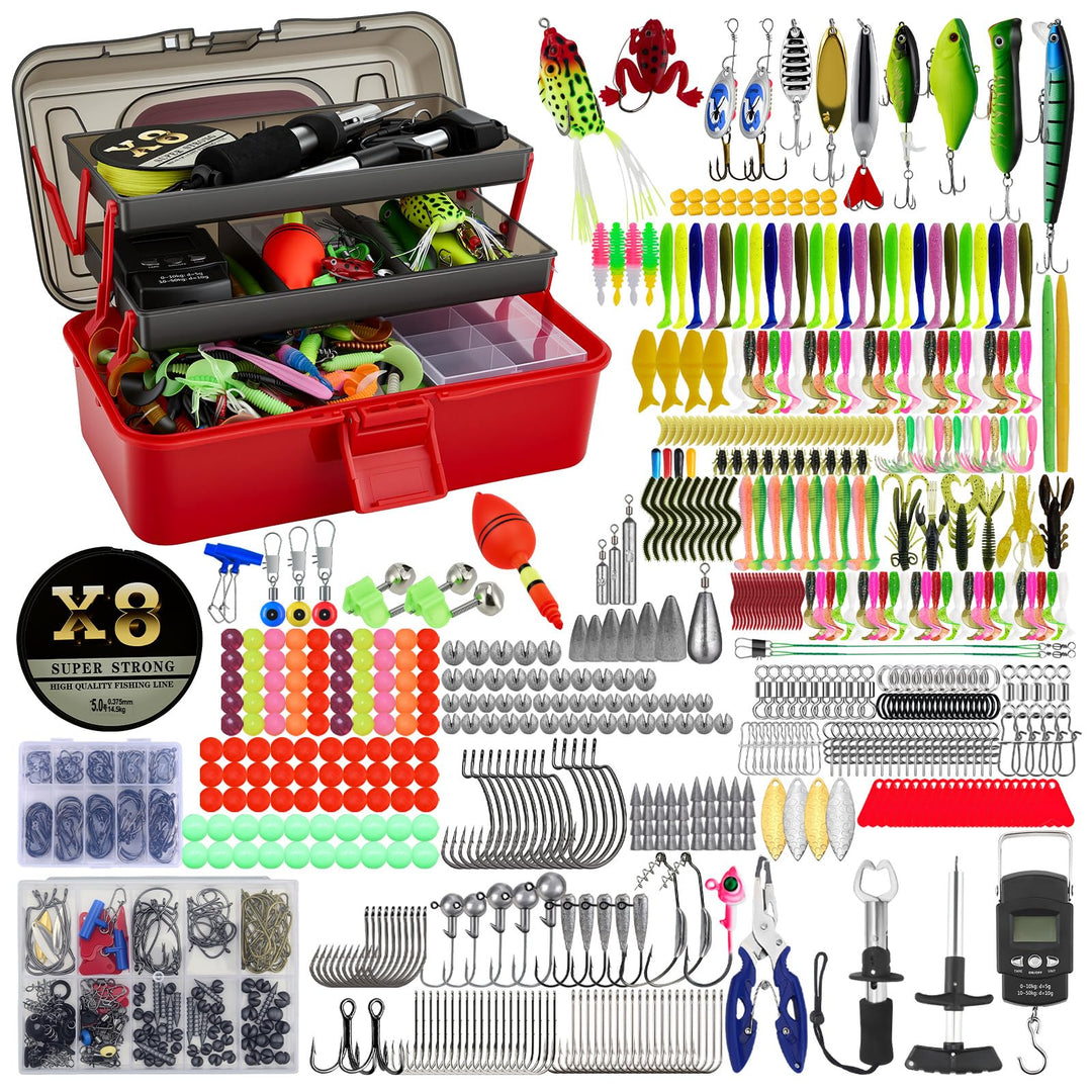 680 Stück Angelzubehör Set, Gemischt Angelköder Kit mit Köder Haken Angelzange Angelwaage für Zander