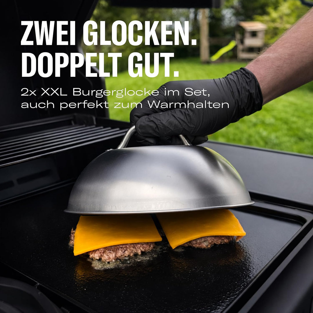 Burgerglocke XXL 2er Set Edelstahl – Käseschmelzglocke Burger Dome für perfekt schmelzenden Käse – Ø
