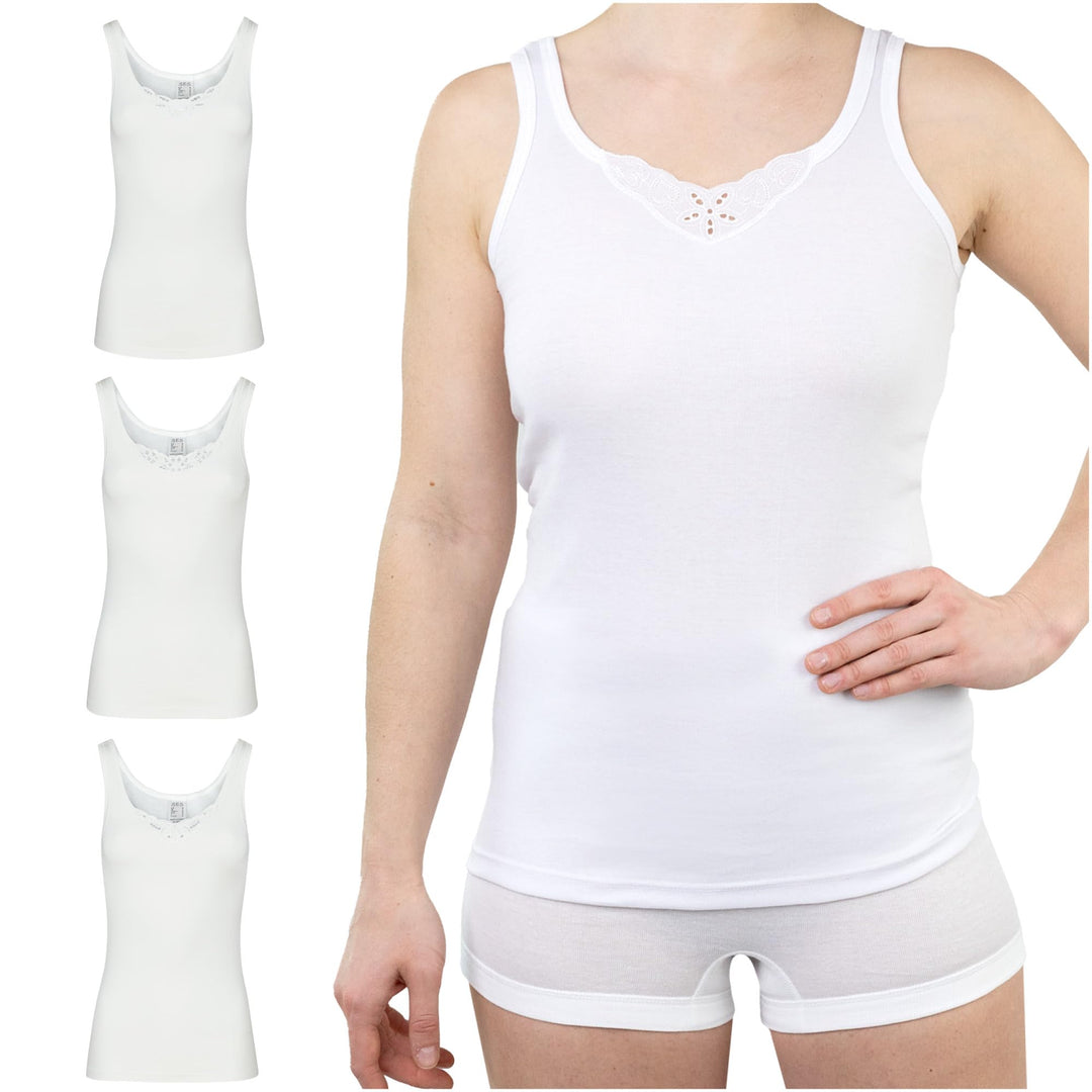 SES Top mit Spitze Damen 3er-Pack 34-52 aus 100% Baumwolle/Damen Unterhemden mit Spitze & weicher Fe