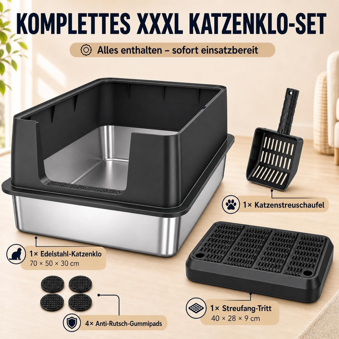 XXXL Edelstahl Katzenklo hoher Rand 70 × 50 × 30 cm 90 L offene Katzentoilette Edelstahl für grosses