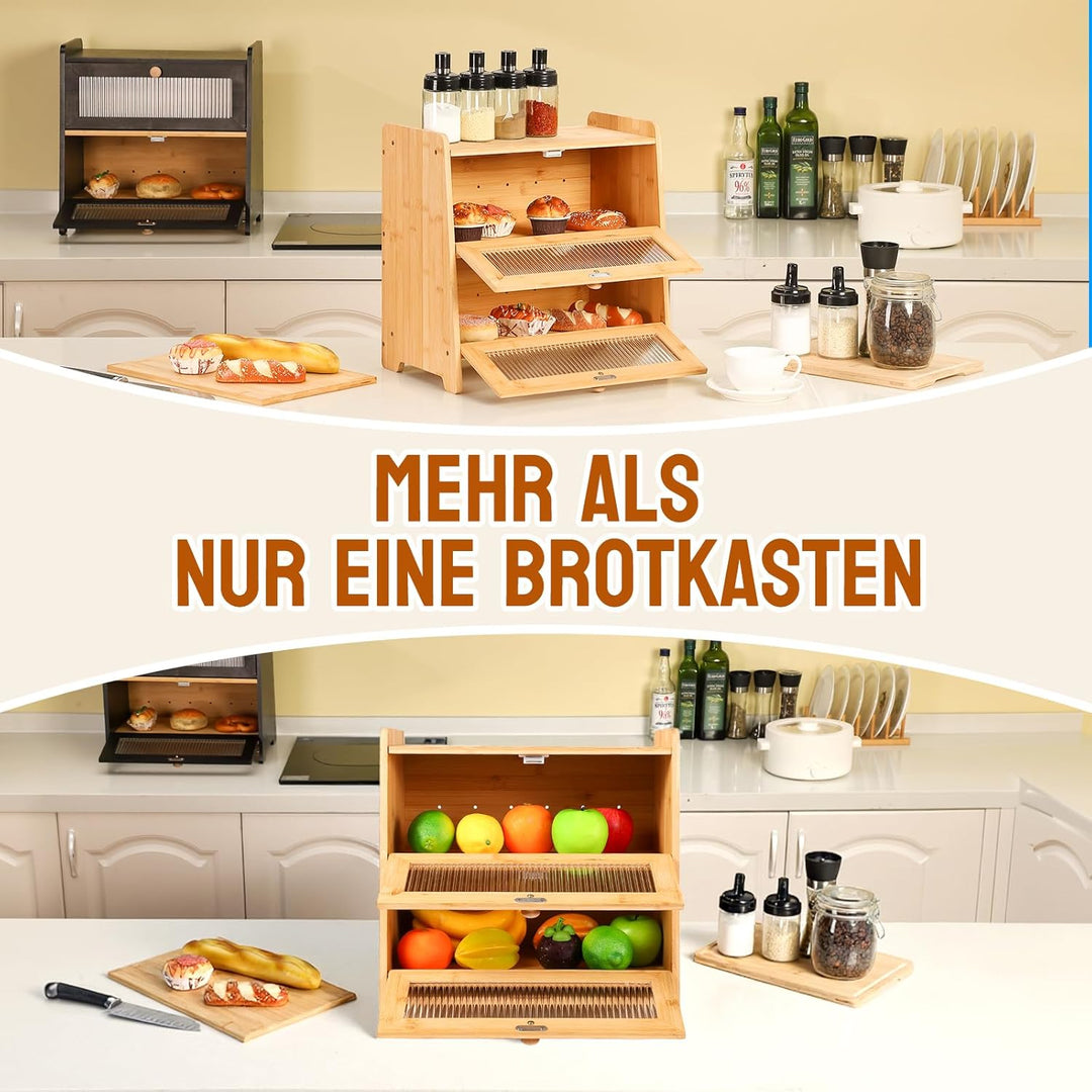 HAUSPROFI Brotkasten Bambus 2 Etagen, Brotkästen Holz mit Schneidebrett Belüftung Gewelltes Sichtbar