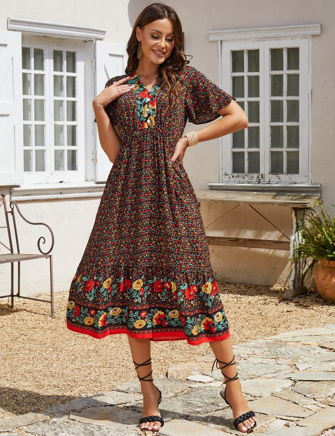 Clearlove Damen Sommerkleid Boho Kurzarm Midi Kleider V-Ausschnitt Strandkleid lang Blumenkleid Rüsc
