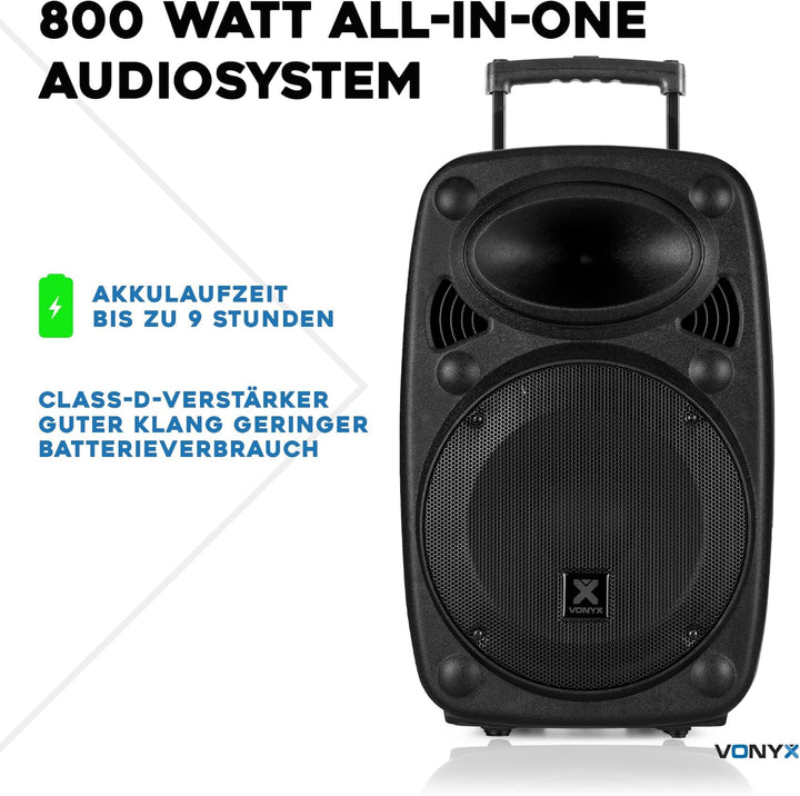 Vonyx Verve38 - Partybox Bluetooth Lautsprecher Gross, Akku, 12 Zoll, 800 Watt, Mobile PA Anlage Kom