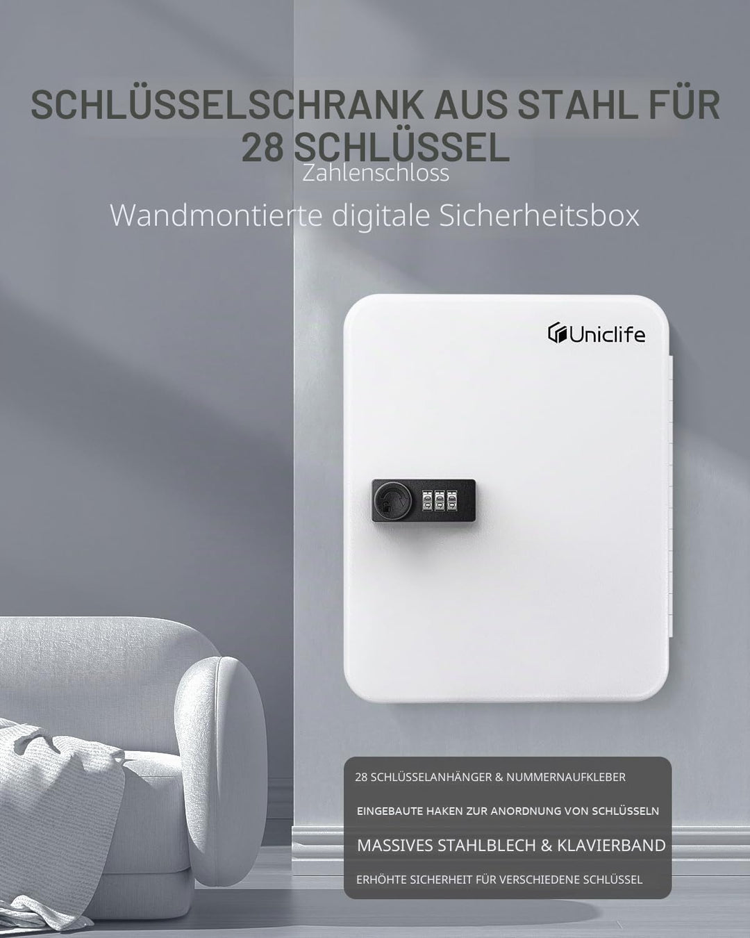 Uniclife Schlüsselschrank mit 28 Schlüsseln, Stahl, mit Zahlenschloss, Wandmontage, Schlüssel-Organi