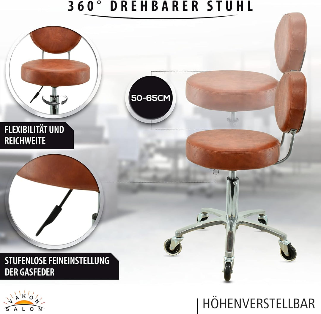 Premium Rollhocker Hellbraun mit ovaler Lehne höhenverstellbar von 50 bis 65 cm - Rundsitz- Drehhock