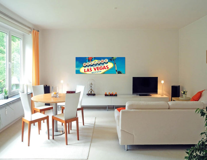 Panoramabild auf Leinwand und Keilrahmen 150x50cm Las Vegas Schild Reklame Himmel Palmen