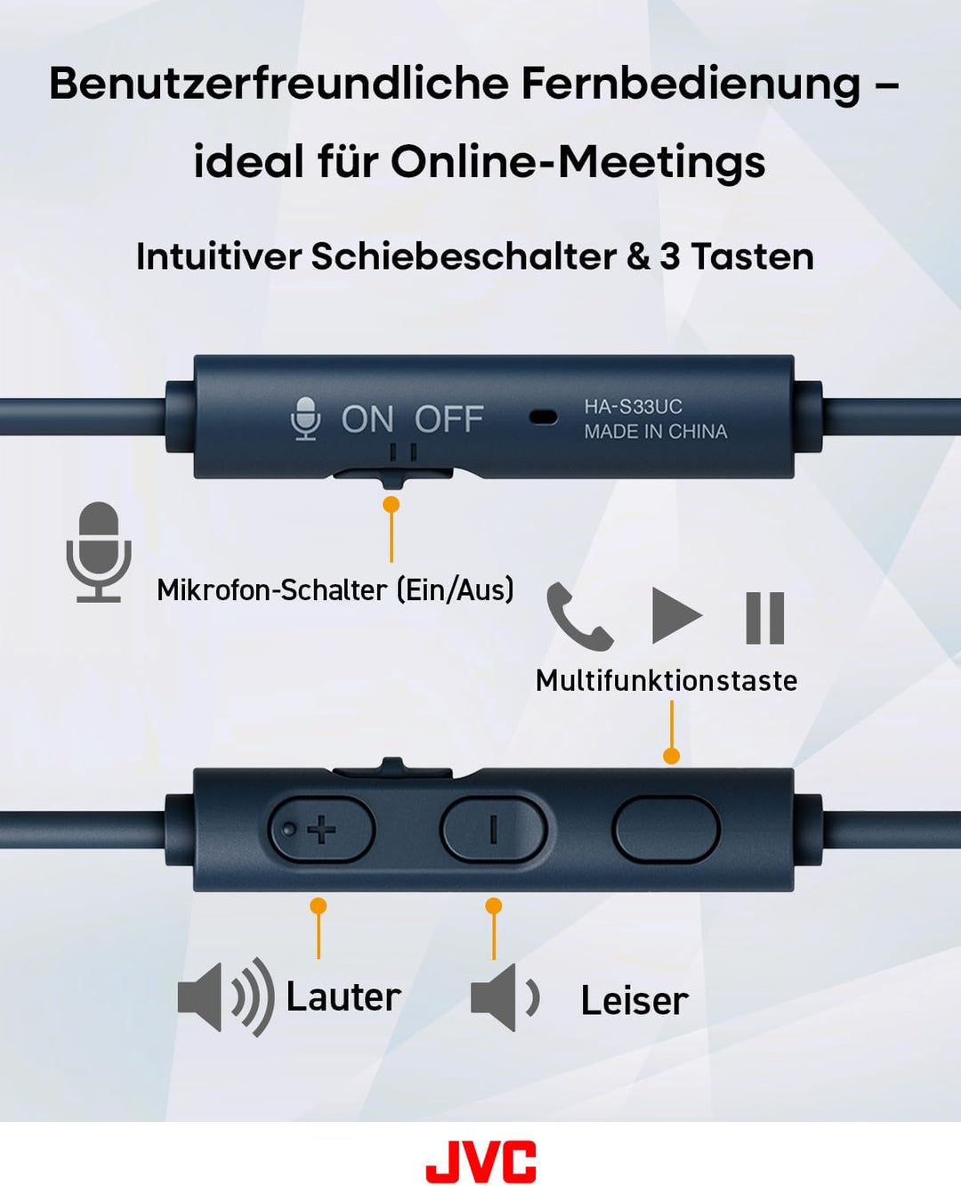 JVC HA-S33UC-A USB-C On-Ear-Kopfhörer, weiche Ohrpolster, faltbar, mit Mikrofon & 3-Tasten-Fernbedie