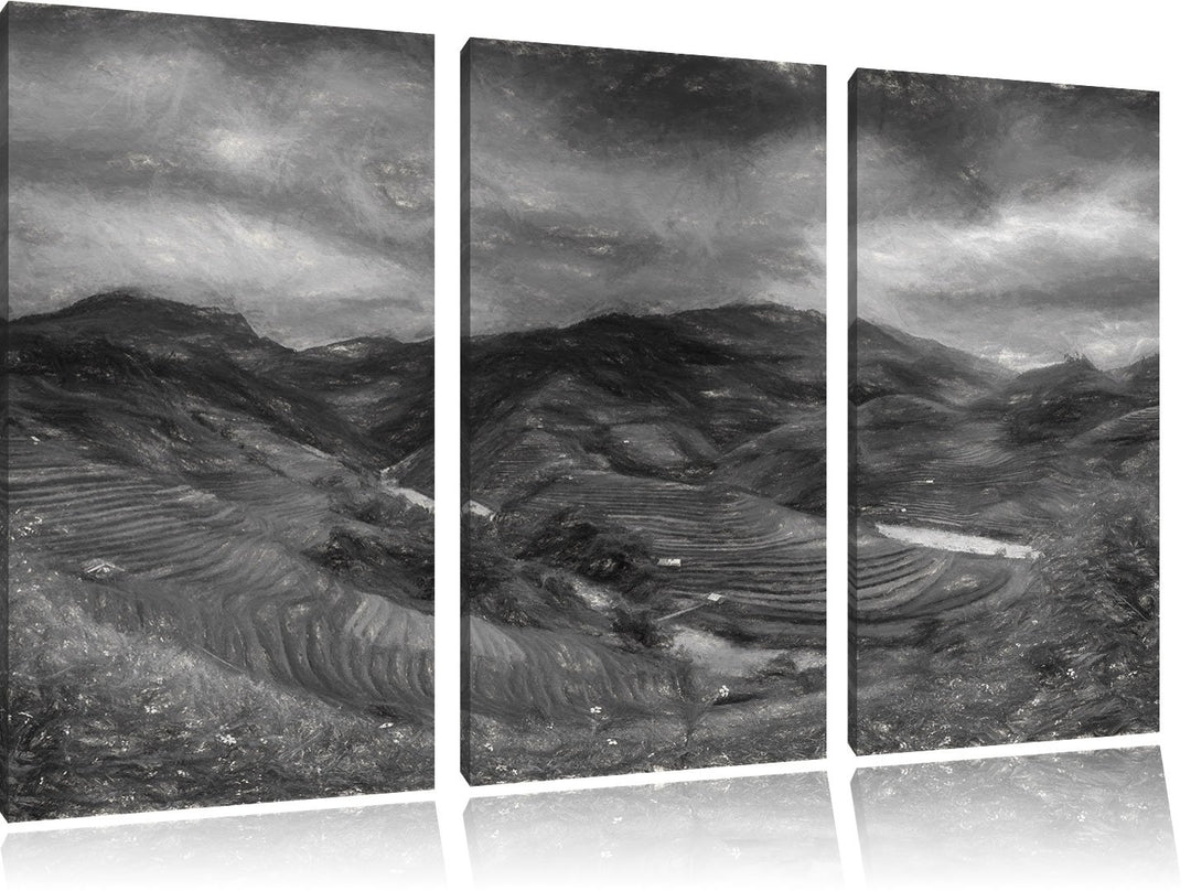Pixxprint Berg Farm in Asien als Leinwandbild/Grösse: 3 Teilig (120x80) / Wandbild/Kunstdruck/fertig