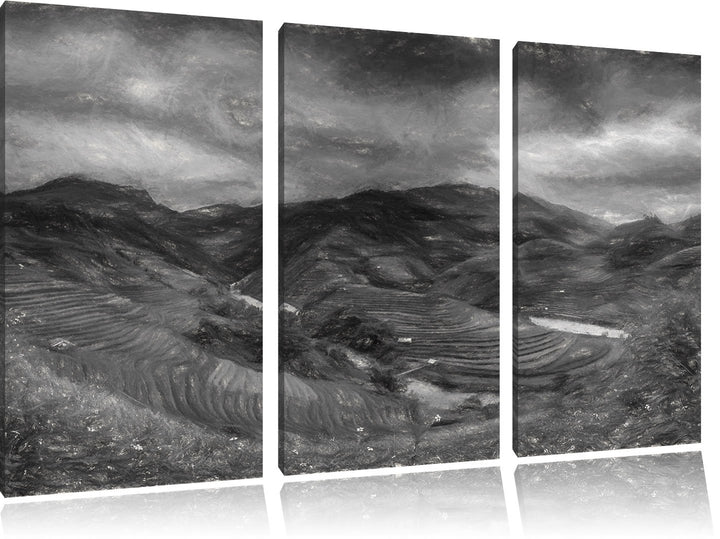 Pixxprint Berg Farm in Asien als Leinwandbild/Grösse: 3 Teilig (120x80) / Wandbild/Kunstdruck/fertig
