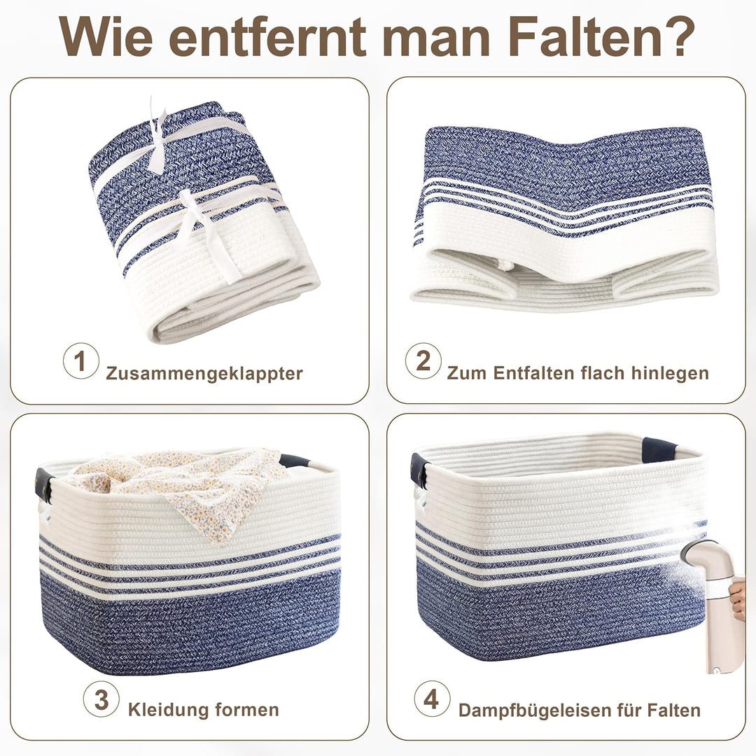 Wäschekorb Geflochten Klein aus Baumwollseil, 45L Aufbewahrungskorb mit Lederhenkeln, Korb für Decke