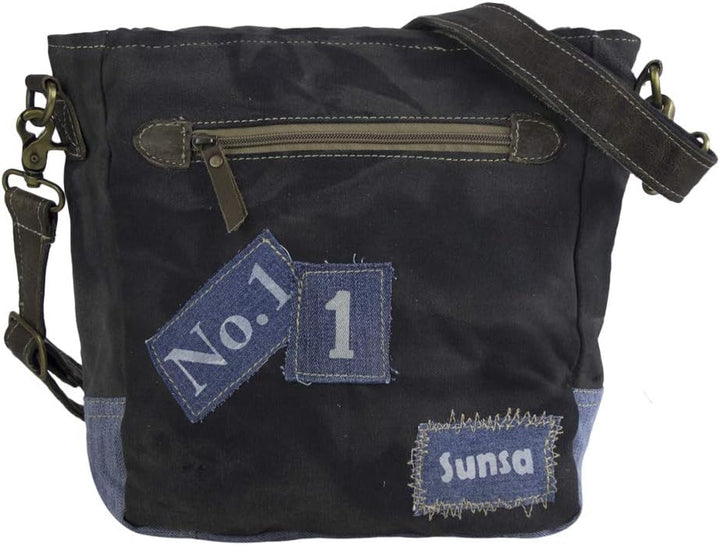 Sunsa nachhaltige Messenger Tasche. Umhängetasche aus recycelte Jeans & Canvas. Unisex Crossover Bag