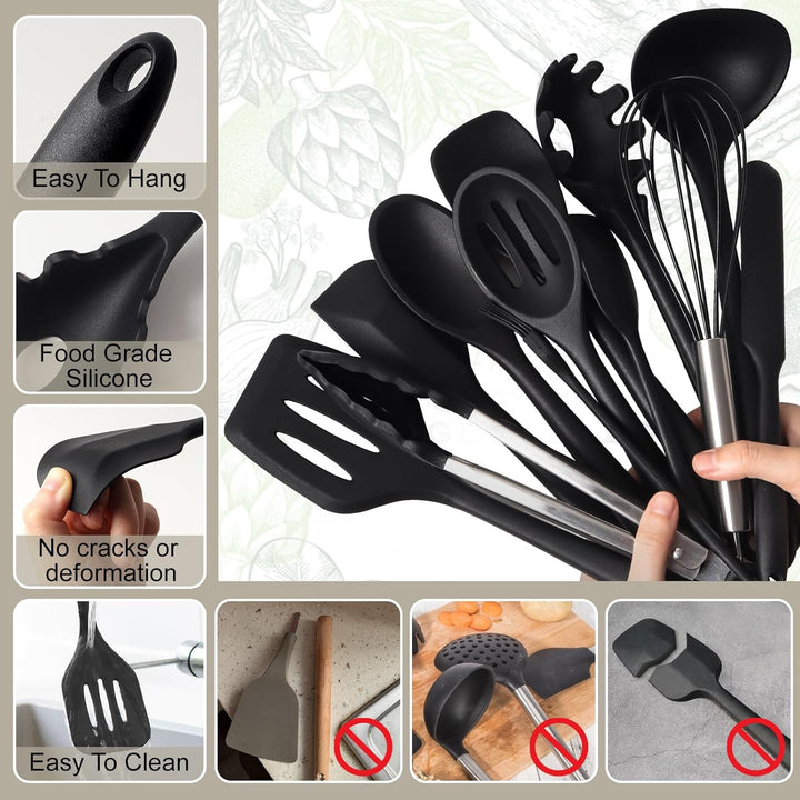 13 Stücke Küchen Kochutensilien Set, Silikon Küchenhelfer Set mit Utensilienhalter, Hitzebeständiger