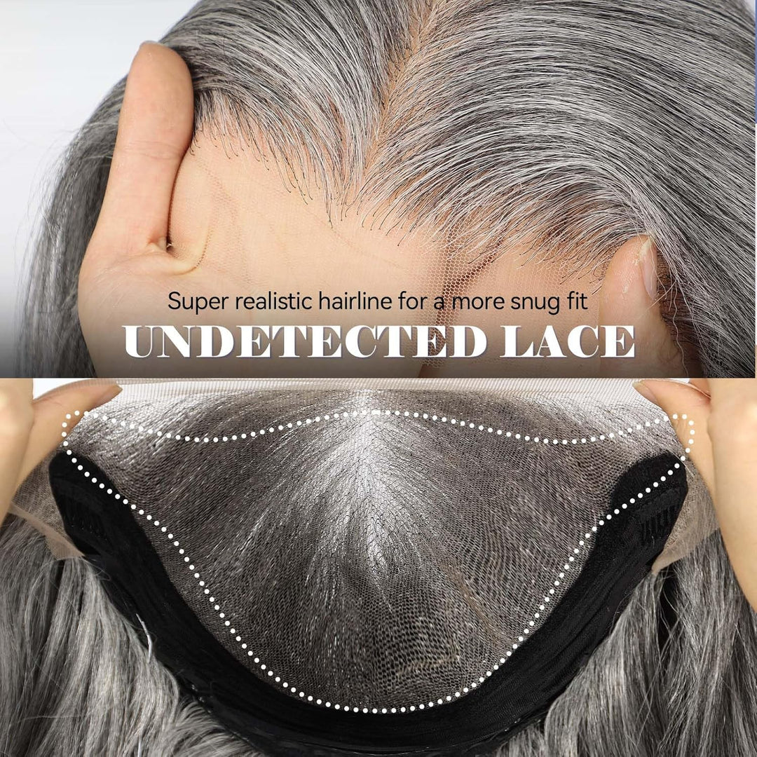 HAIRCUBE 13x6 HD Synthetische Lace-Front-Perücke, 24 Zoll lange graue, lockige, geschichtete Perücke