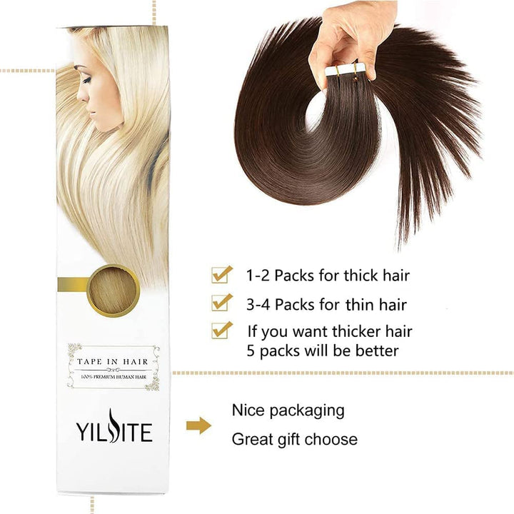 YILITE Tape Extensions Echthaar, Dunkel Braun 35cm 20 Stück/Packung 40g Tape in Extensions Echthaar