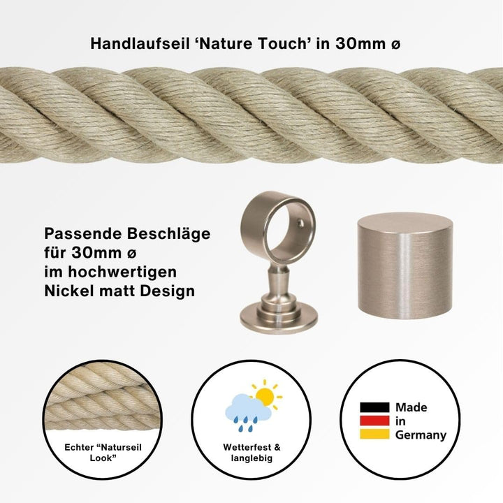 Handlaufseil Set 30mm - bestehend aus 2 Endkappen 5 Seilträger vernickelt und 5m "Nature Touch" Hand