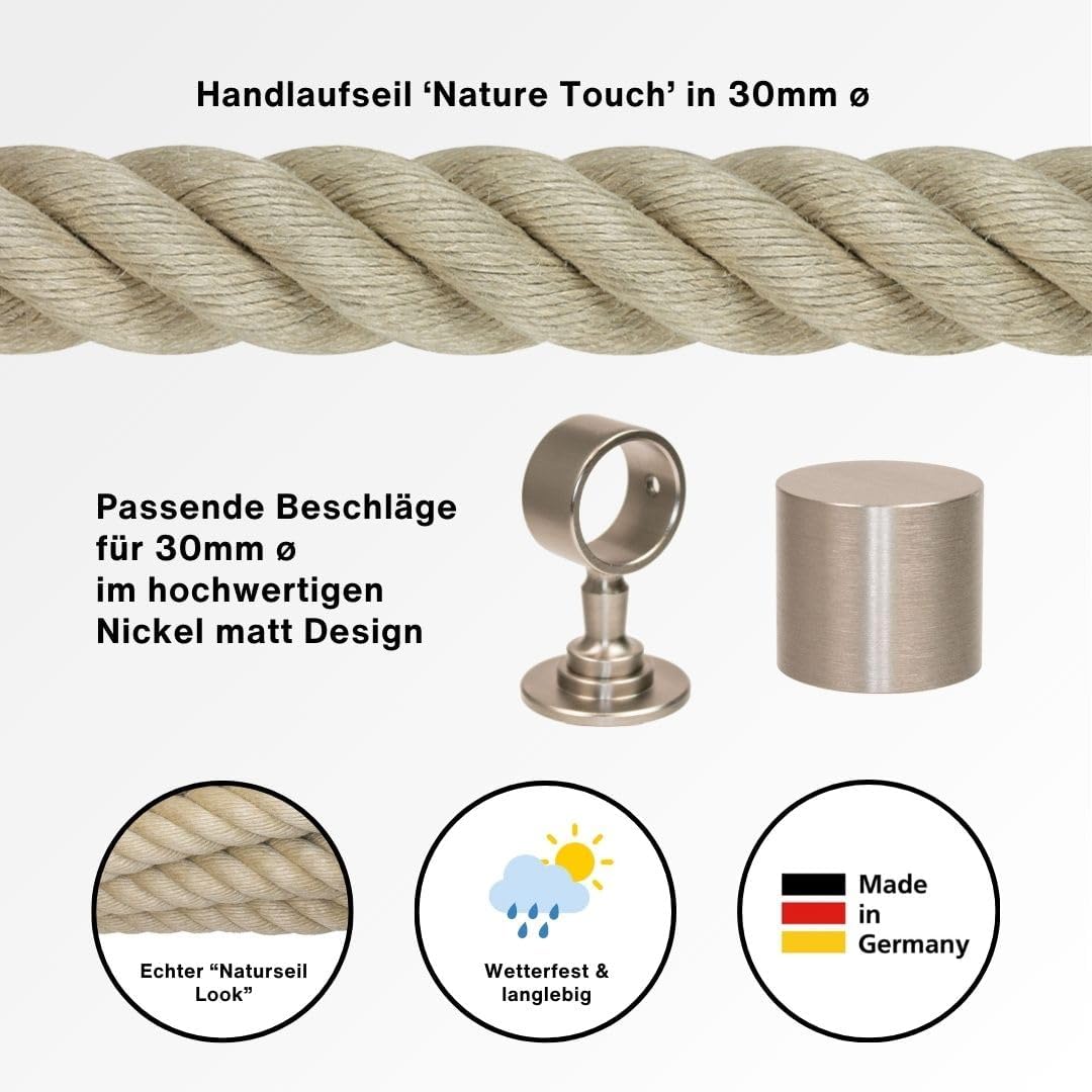 Handlaufseil Set 30mm - bestehend aus 2 Endkappen 10 Seilträger vernickelt und 10m "Nature Touch" Ha