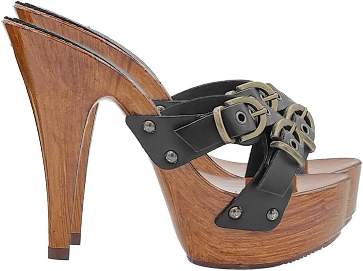 Kiara Shoes SCHWARZ Holzschuhe aus Leder - K9130 Nero (40 EU, SCHWARZ) 40 EU Schwarz, 40 EU Schwarz