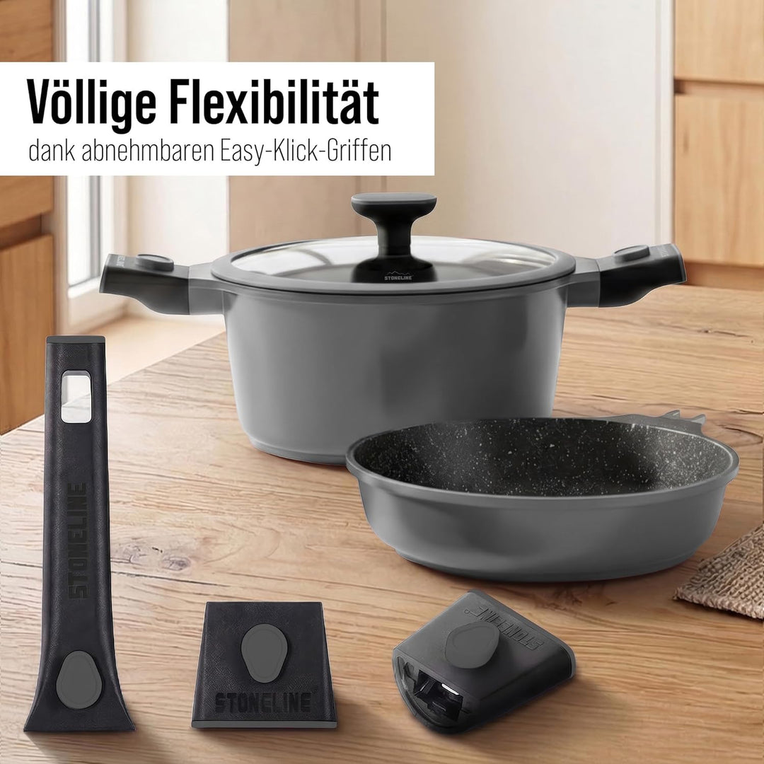 STONELINE SMART Pfannen und Töpfe Set 8-teilig, Aluguss Topfset mit Deckel, Abnehmbarer Griff, Kocht