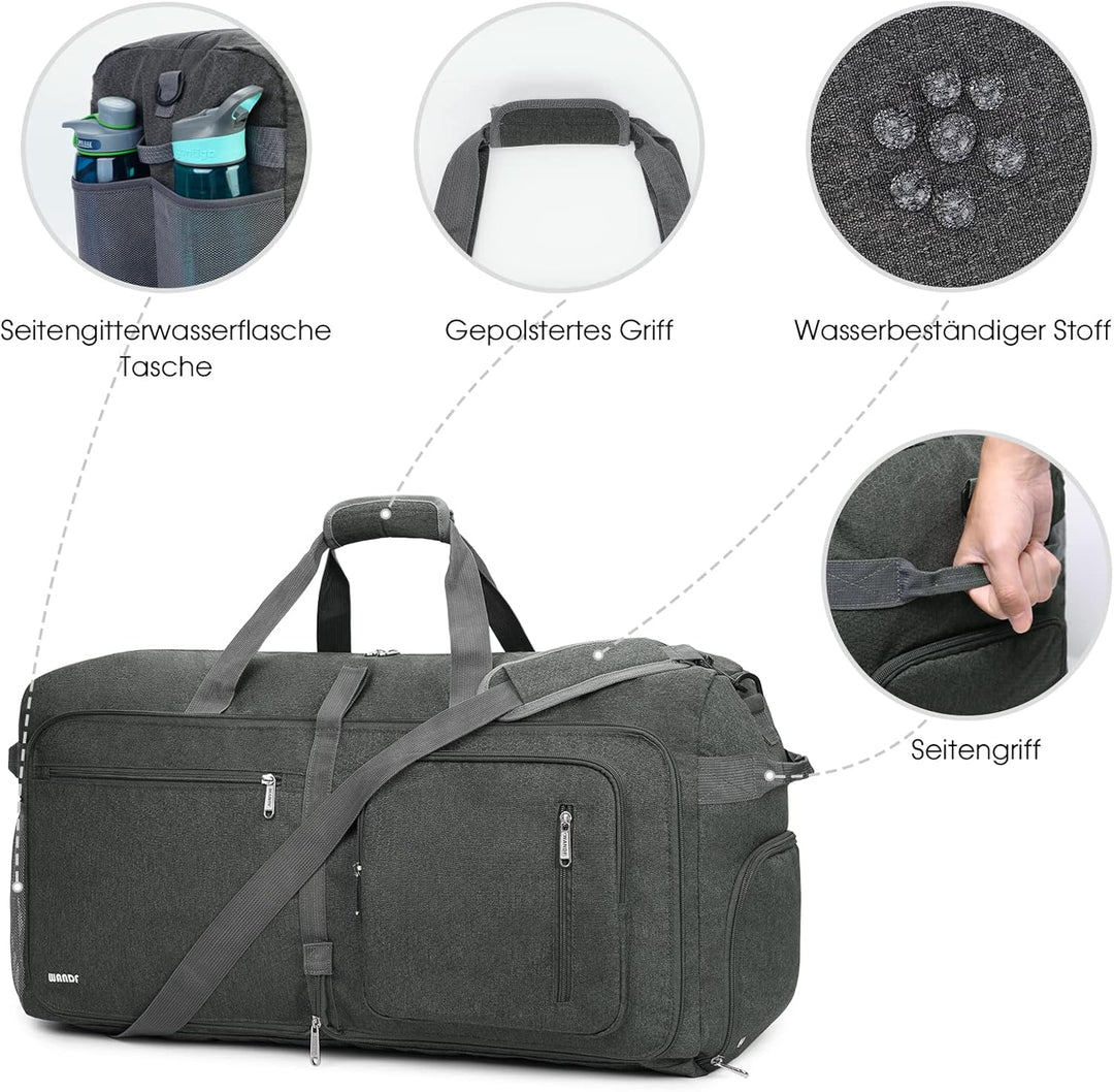 WANDF Reisetasche 65L mit Schuhfach Faltbare Weekender-Reisetasche Handgepäck für Männer Frauen (Gra
