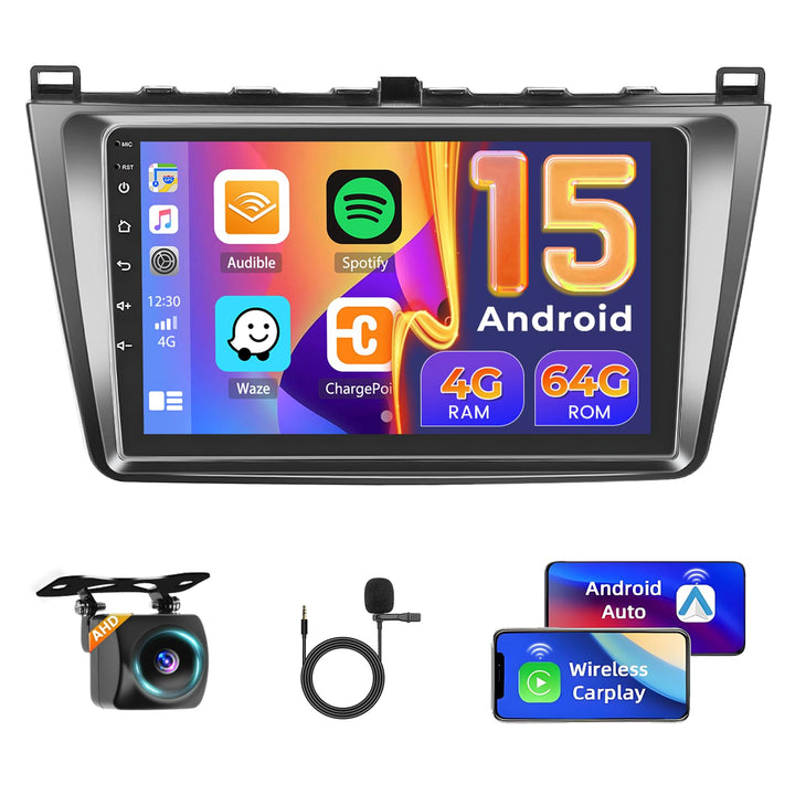Hikity 4+64GB Autoradio Android 15 für Mazda 6 2007-2012 mit 9-Zoll-Touchscreen,Radio mit Wireless C