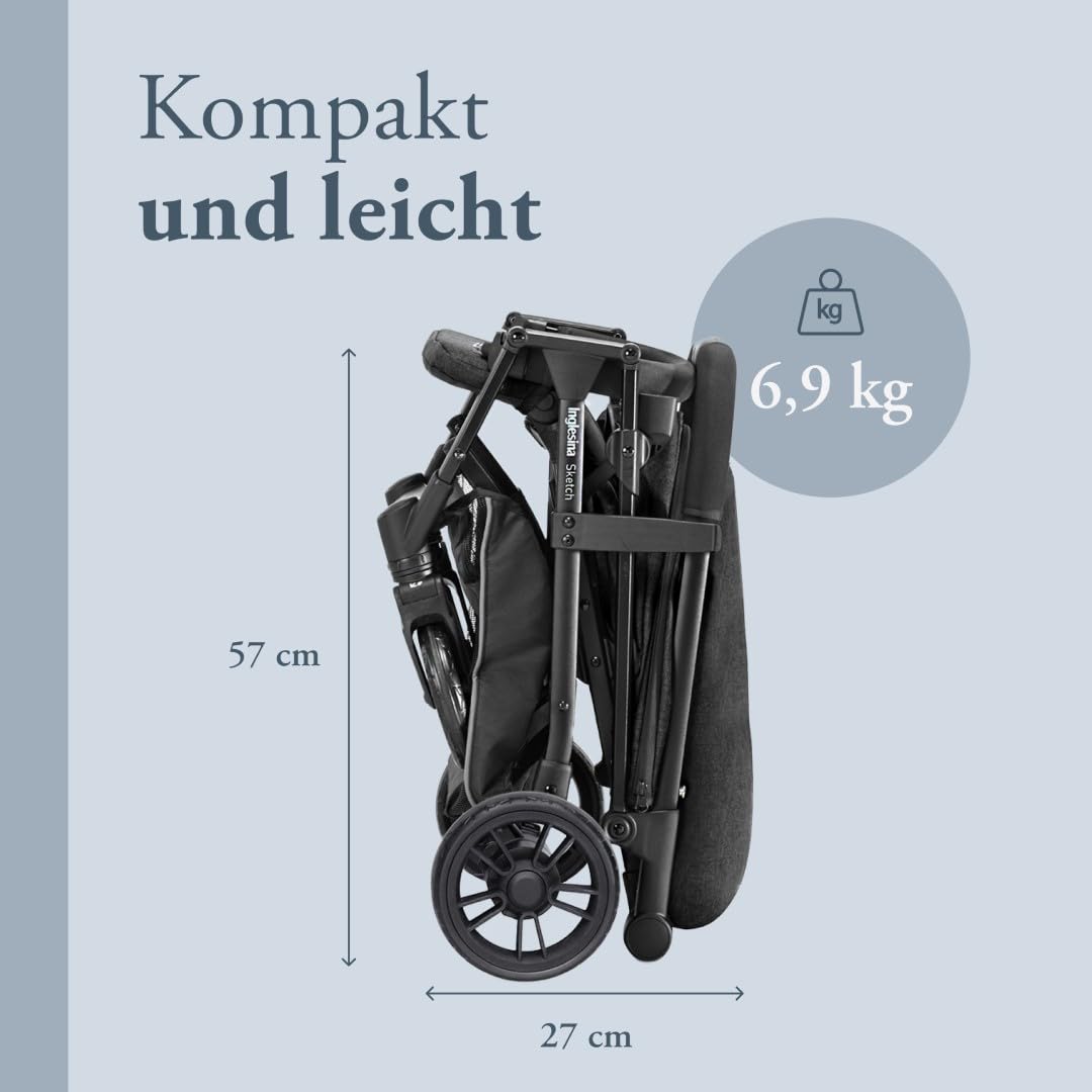 Inglesina Sketch Kinderwagen Leicht und Kompakt, Schwarz, Bequem, bis zu 17kg, Einhand-Faltung, UPF