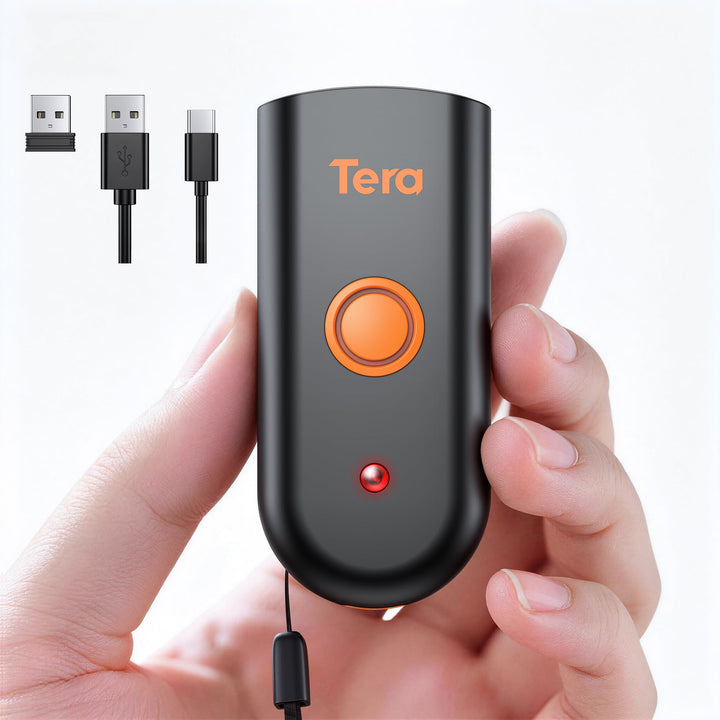 Tera Mini Tragbarer Barcode-Scanner CMOS Barcodescanner 3-in-1 Bluetooth & USB-Kabel & 2,4G Wireless
