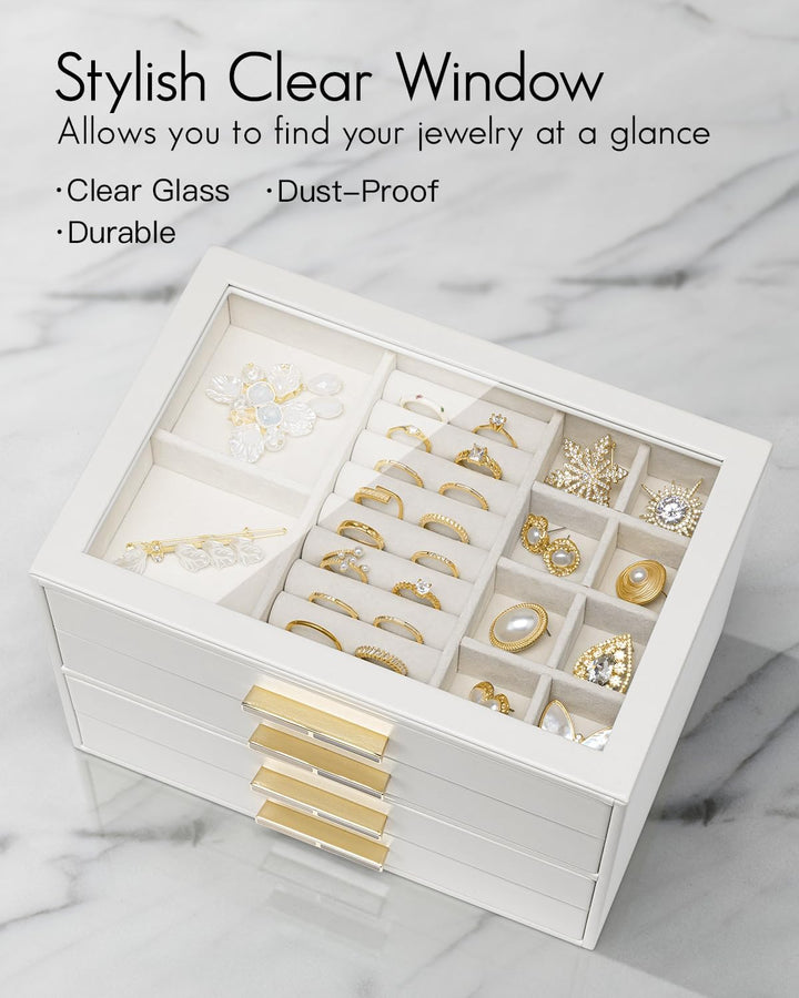 VLANDO Schmuckkästchen Gross, Schmuckkasten mit 4 Ebenen, Schmuck Organizer mit Glasdeckel, 4 Schubl