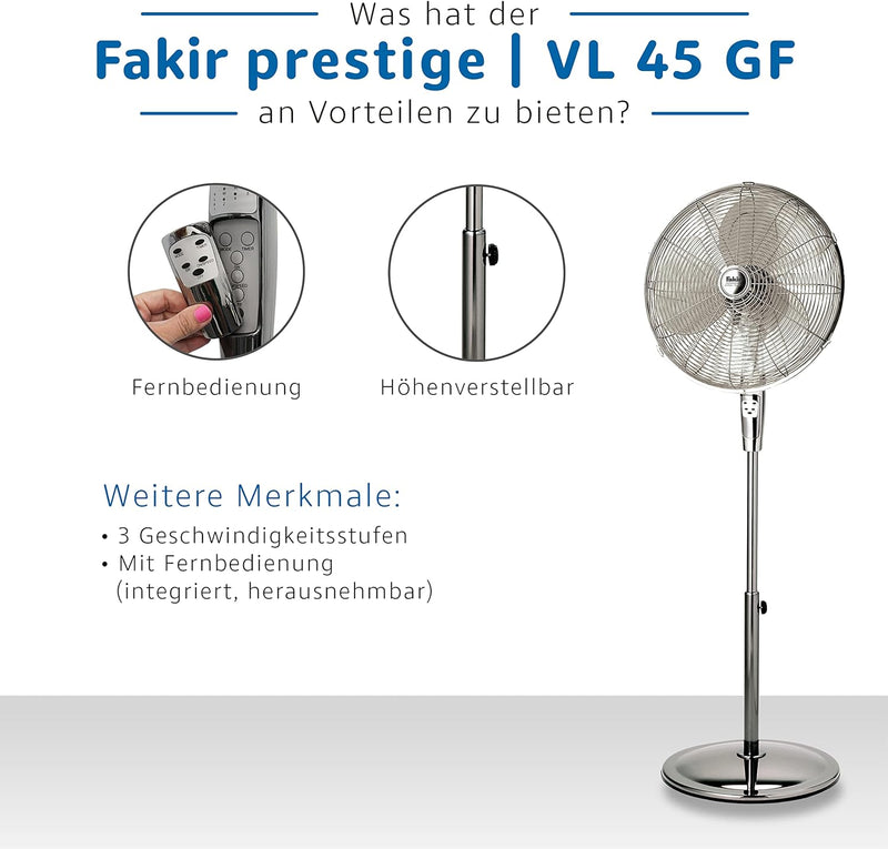 Fakir prestige VL 45 GF – Höhenverstellbarer Standventilator mit Fernbedienung & 3 Leistungsstufen I