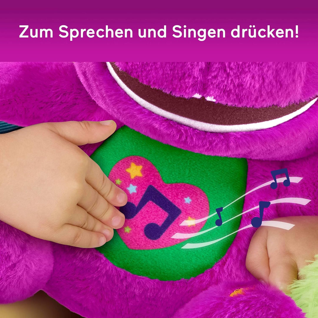 Barney – Barneys Sänger, Plüsch 25+ cm mit Geräuschen, spielt 10 Sätze und 5 Lieder in Englisch, Fra