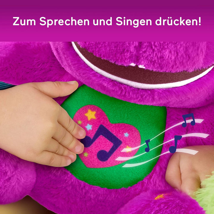 Barney – Barneys Sänger, Plüsch 25+ cm mit Geräuschen, spielt 10 Sätze und 5 Lieder in Englisch, Fra