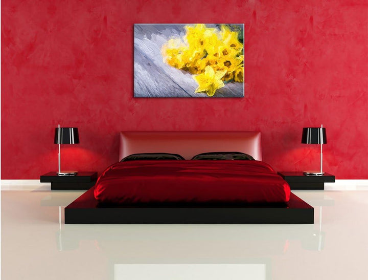 Pixxprint Bündel gelber Narzissen Kunst / 100x70cm Leinwandbild bespannt auf Holzrahmen/Wandbild Kun