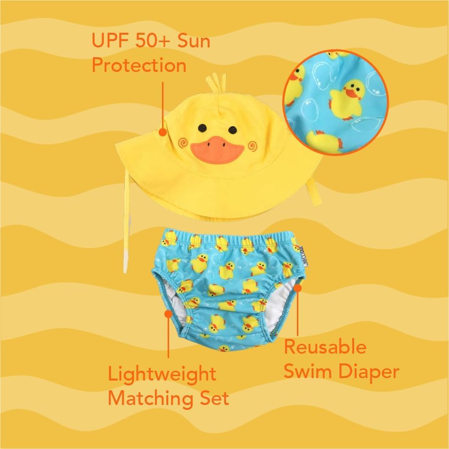 ZOOCCHINI LSF 50+ Baby Schwimmwindel &amp; Sonnenhut Set, Pfützen die Ente, 3-6 Monate