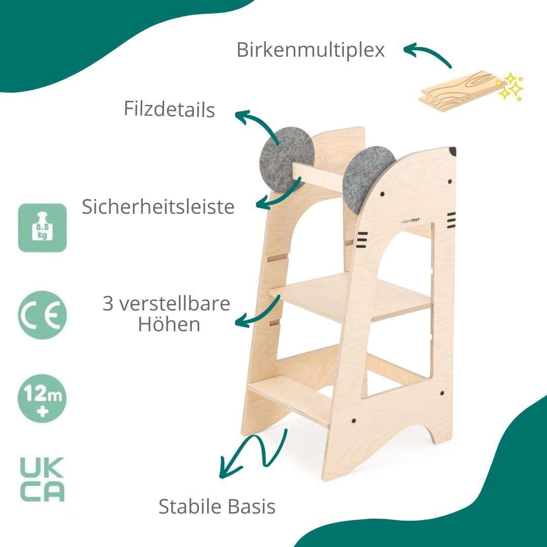 07KRAT Kule Topo Mehrzweck-Montessori-Lernturm - Lernturm aus natürlichem Birkensperrholz mit 3 eins