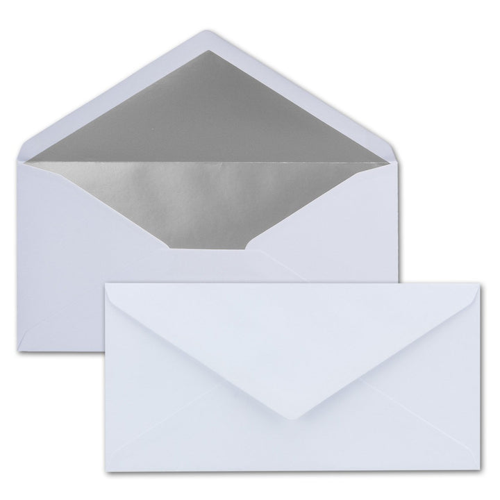 100 Brief-Umschläge DIN Lang - Weiss mit Silber-Metallic Innen-Futter - 110 x 220 mm - Nassklebung -