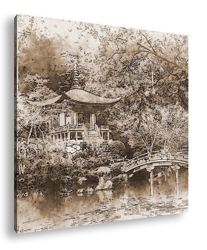 traditionell japanischer Garten Effekt: Sepia, Format: 70x70 als Leinwandbild, Motiv fertig gerahmt